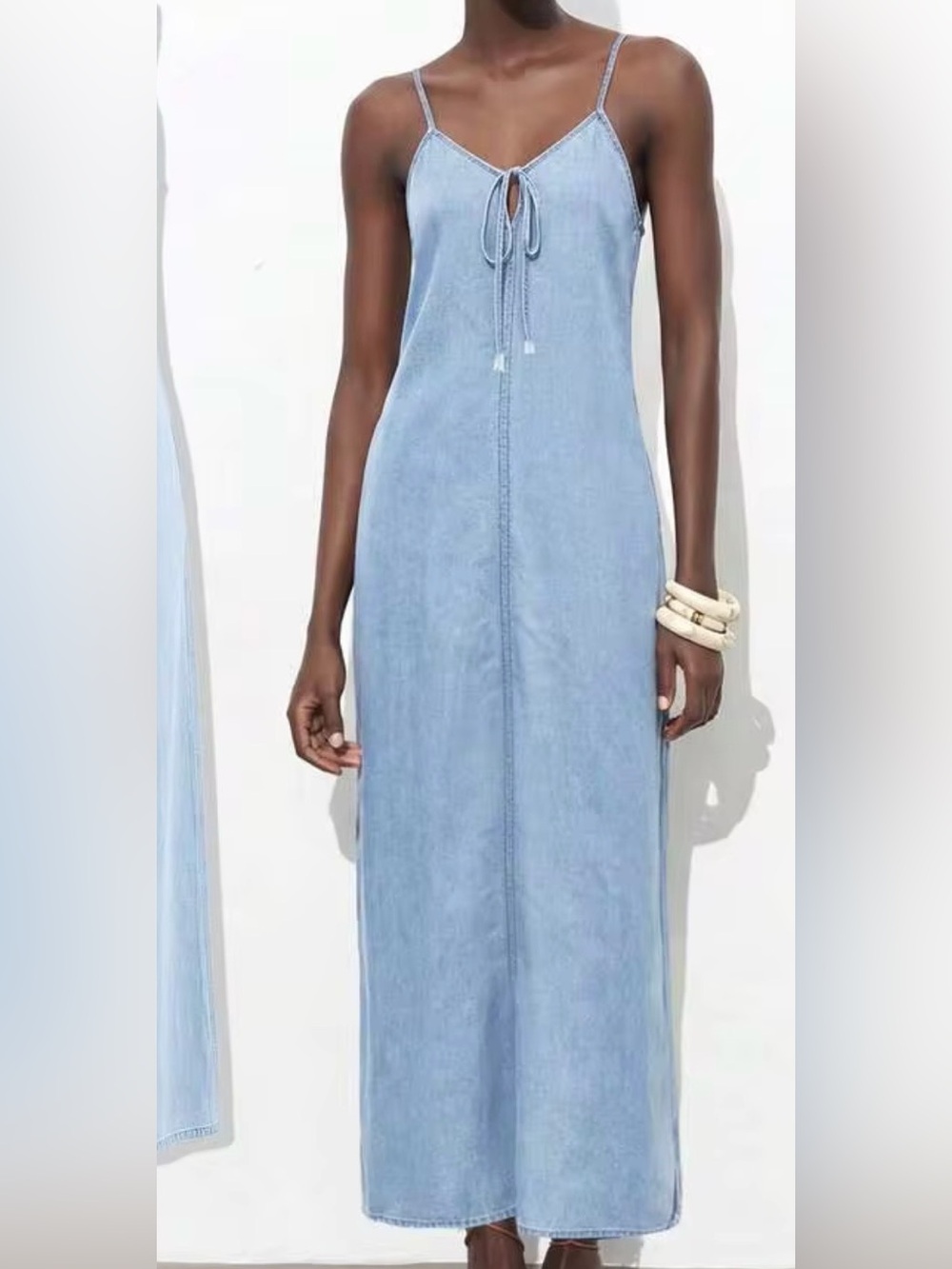 New size small Light Blue Denim Maxi Dress with Tie Front